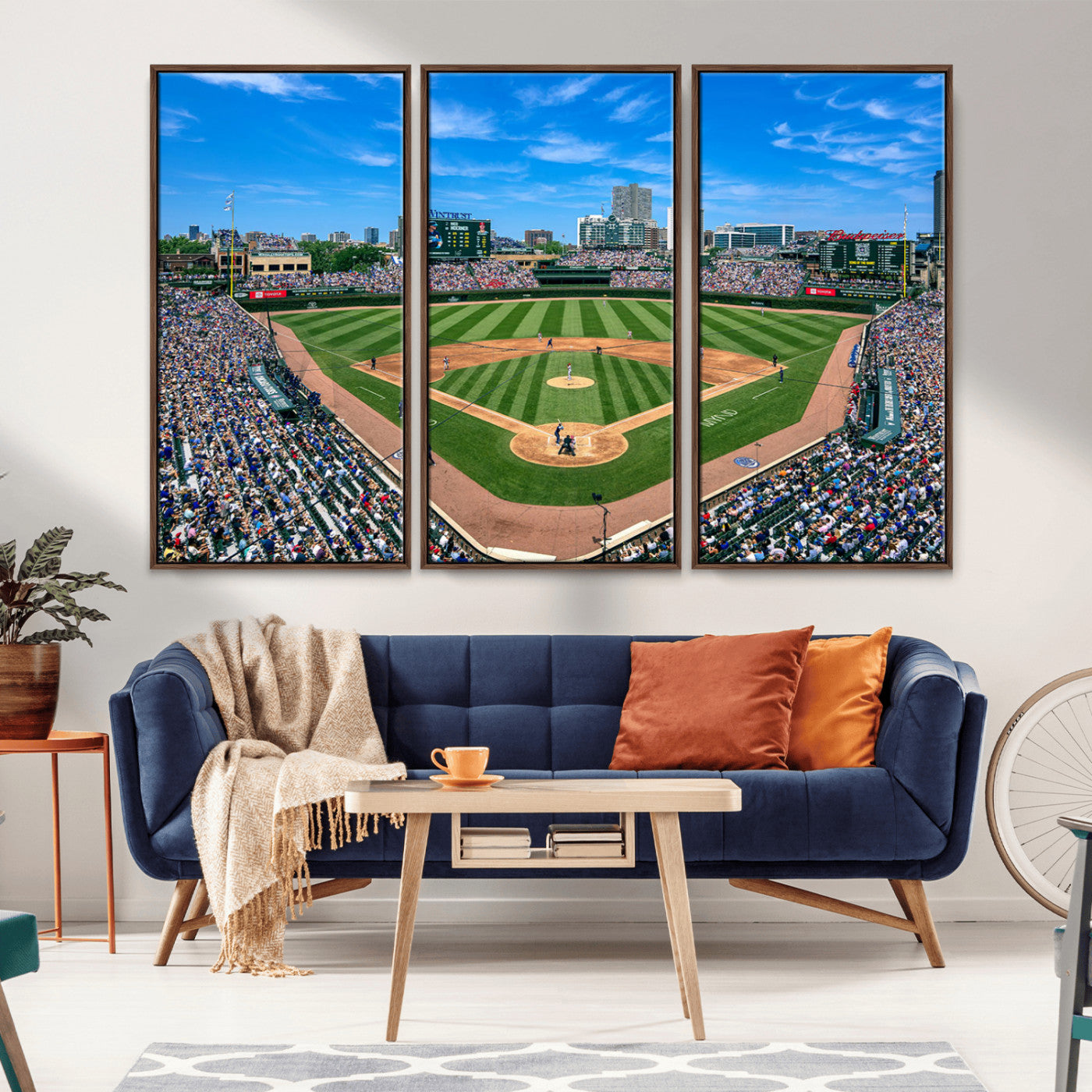 56213978-MGV-CV-36X24-Baseball Stadium Wall Art – Panoramic Ballpark Canvas Print with Fans, Green Field and City Skyline, Classic Sports Photography