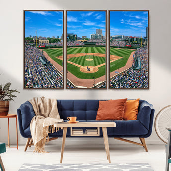 56213978-MGV-CV-36X24-Baseball Stadium Wall Art – Panoramic Ballpark Canvas Print with Fans, Green Field and City Skyline, Classic Sports Photography
