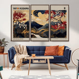 66892669-MGV-FC-48X32-3P_Walnut-Yayoi Kusama Japanese Inspired Canvas Print – Mt. Fuji & Floral Scene Wall Art, Framed Asian Style Canvas for Home, Office or