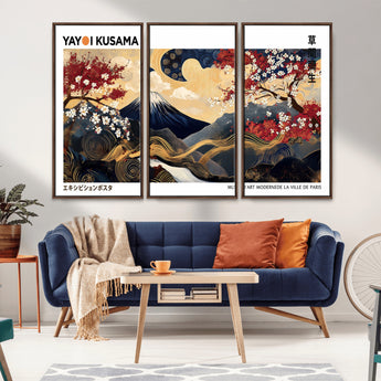 28945903-MGV-FC-48X32-3P_Walnut-Yayoi Kusama Inspired Japanese Art Canvas Print – Framed Floral & Mt. Fuji Wall Decor, Modern Asian Style Canvas for Home, Office,