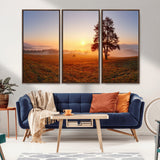 57919623-MGV-FC-48X32-3P_Walnut-Golden Sunrise Landscape Canvas Wall Art - Framed Misty Field Print, Large Nature Canvas for Living Room, Office, or Home Decor