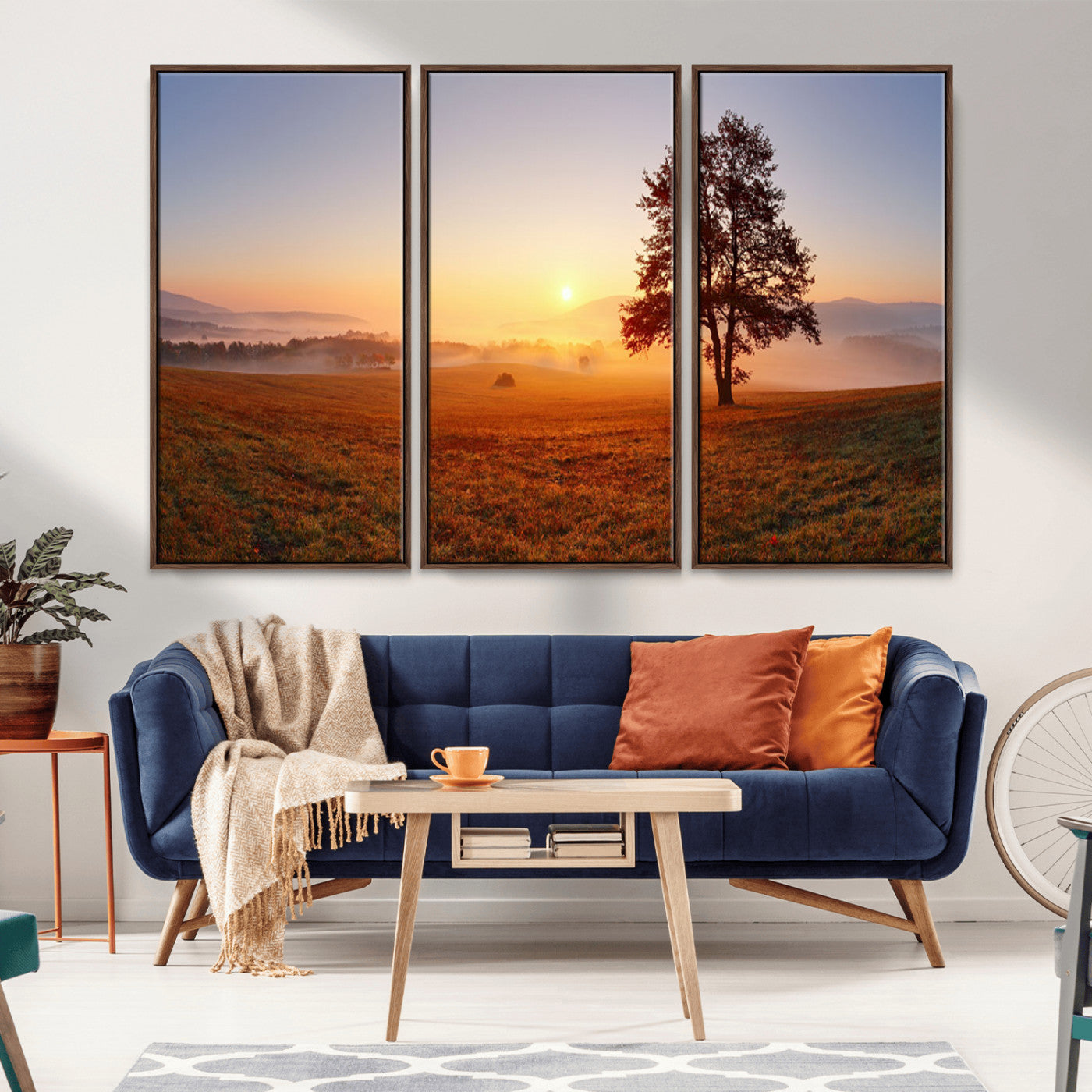 57919623-MGV-CV-36X24-Sunrise Landscape Wall Art – Golden Morning Canvas Print with Tree, Misty Hills and Open Field, Peaceful Nature Photography for