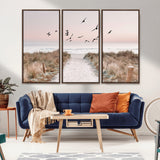 34632598-MGV-FC-48X32-3P_Walnut-Coastal Pathway Canvas Wall Art – Framed Seaside Landscape, Large Beach and Birds Canvas Print for Home, Office, or Living Room