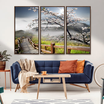 34632598CRY-MGV-FC-48X32-3P_Walnut-Sakura Cherry Blossom Pathway Canvas Wall Art – Tranquil Walk Through Blossoming Nature – Ready to Hang