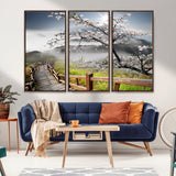 34632598CRY-MGV-CV-36X24-Cherry Blossom Wall Art – Scenic Asian Landscape Canvas Print with Wooden Walkway, Misty Mountains and Sunrise, Serene Nature