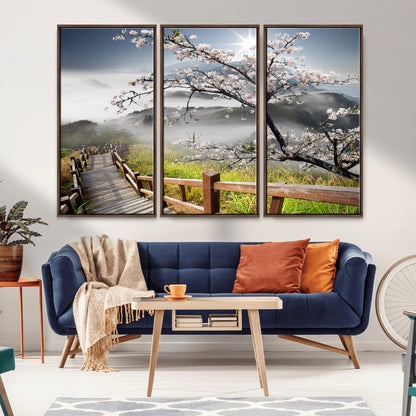 34632598CRY-MGV-CV-36X24-Cherry Blossom Wall Art – Scenic Asian Landscape Canvas Print with Wooden Walkway, Misty Mountains and Sunrise, Serene Nature