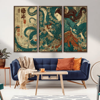 46837670-MGV-FC-48X32-3P_Walnut-Tsukioka Yoshitoshi Samurai Wall Art Print, Japanese Katana Warrior Canvas Wall Art, Octopus Sea Monster Canvas Print,