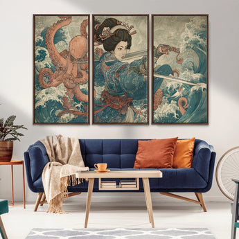 52037775-MGV-FC-48X32-3P_Walnut-Tsukioka Yoshitoshi Samurai Wall Art Print, Japanese Katana Warrior Canvas Wall Art, Octopus Sea Monster Canvas Print,
