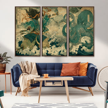 24416422-MGV-FC-48X32-3P_Walnut-Tsukioka Yoshitoshi Samurai Wall Art Print, Japanese Katana Warrior Canvas Wall Art, Octopus Sea Monster Canvas Print,
