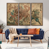 63782167-MGV-FC-48X32-3P_Walnut-Tsukioka Yoshitoshi Samurai Wall Art Print, Japanese Katana Warrior Canvas Wall Art, Octopus Sea Monster Canvas Print,