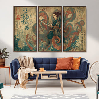 98593115-MGV-FC-48X32-3P_Walnut-Tsukioka Yoshitoshi Samurai Wall Art Print, Japanese Katana Warrior Canvas Wall Art, Octopus Sea Monster Canvas Print,