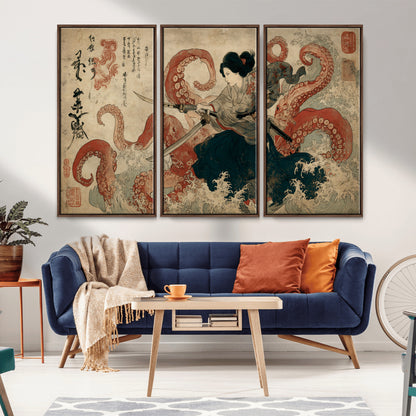 50812504-MGV-FC-48X32-3P_Walnut-Tsukioka Yoshitoshi Samurai Wall Art Print, Japanese Katana Warrior Canvas Wall Art, Octopus Sea Monster Canvas Print,