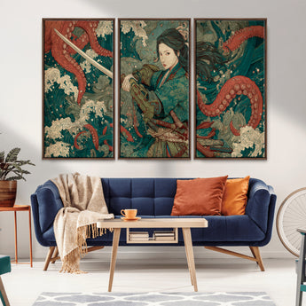 35461724-MGV-CV-36X24-Samurai Woman vs Octopus Wall Art – Japanese Ukiyo-e Ocean Waves Canvas Print, Red Tentacle Battle Artwork for Living Room,