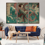 91666601-MGV-CV-36X24-Samurai Woman vs Octopus Wall Art – Japanese Ukiyo-e Green Robe Canvas Print, Ocean Battle Artwork for Living Room, Office, Man