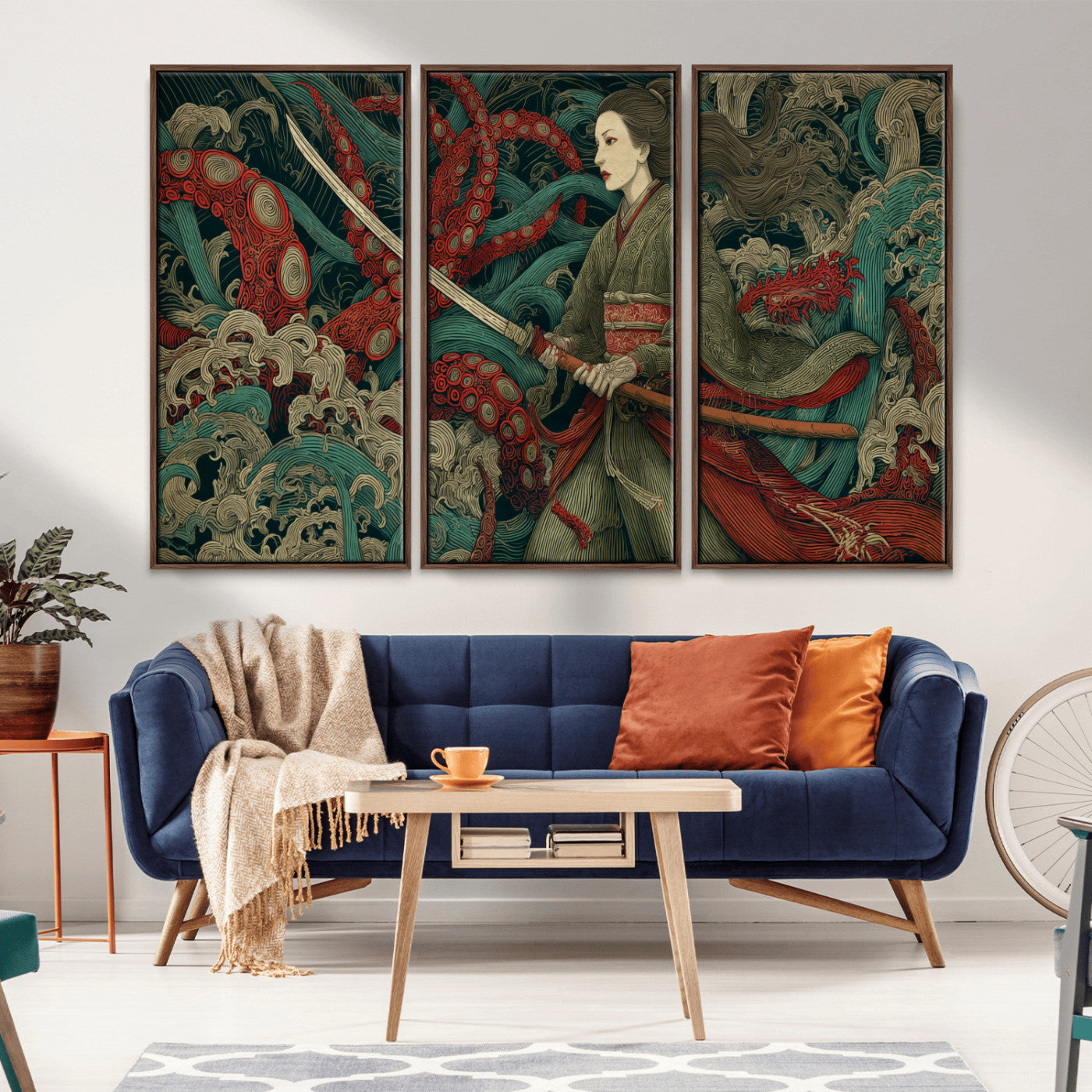 18902796-MGV-CV-36X24-Samurai Woman vs Octopus Wall Art – Japanese Ukiyo-e Green Kimono Canvas Print, Ocean Battle Scene Artwork for Living Room,