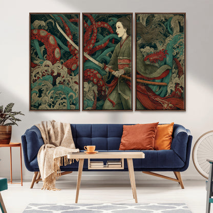 18902796-MGV-CV-36X24-Samurai Woman vs Octopus Wall Art – Japanese Ukiyo-e Green Kimono Canvas Print, Ocean Battle Scene Artwork for Living Room,