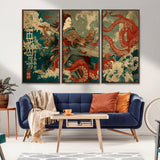 60201267-MGV-CV-36X24-Samurai Woman vs Octopus Wall Art – Japanese Ukiyo-e Armor Canvas Print, Red Tentacle Ocean Battle Artwork for Living Room,