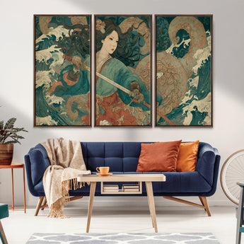 79740258-MGV-CV-36X24-Samurai Woman vs Octopus Wall Art – Japanese Ukiyo-e Blue Kimono Canvas Print, Ocean Battle Artwork for Living Room, Office, Man