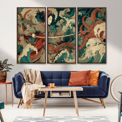 30212982-MGV-CV-36X24-Samurai Woman vs Octopus Wall Art – Japanese Ukiyo-e Style Warrior and Sea Monster Canvas Print, Mythology Inspired Artwork for