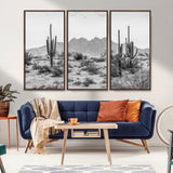 97436PHN-MGV-CV-36X24-Desert Landscape Wall Art – Black and White Cactus and Mountain Canvas Print, Southwestern Nature Photography for Living Room,