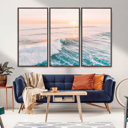34064591-MGV-CV-36X24-Surfing Wall Art – Sunset Ocean Wave Canvas Print, Surfer Riding Sea Photography Decor for Bedroom, Living Room, Office, Coastal