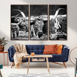 15425553-MGV-CV-36X24-Western Wall Art – Longhorn Cattle Black and White Canvas Print, Rustic Ranch Photography Decor for Bedroom, Living Room, Office,