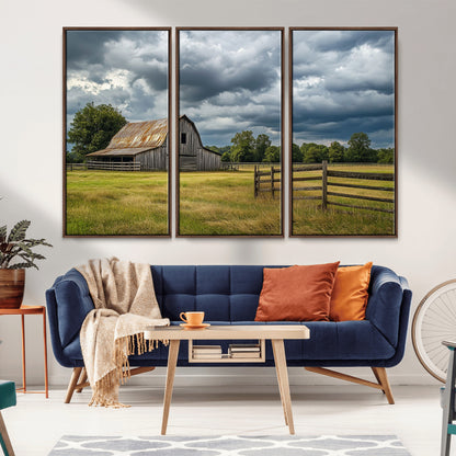 39409517-MGV-CV-36X24-Rustic Barn Wall Art – Weathered Farmhouse and Storm Clouds Canvas Print, Country Landscape Photography Decor for Bedroom, Living