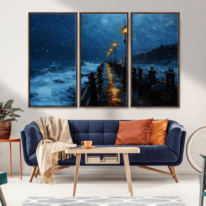 48300530-MGV-CV-36X24-Night Pier Wall Art – Moody Ocean Boardwalk Canvas Print, Impressionist Coastal Seascape Painting Decor for Living Room, Office,