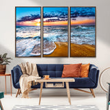 24077769-MGV-CV-36X24-Sunset Beach Wall Art – Ocean Waves Canvas Print, Golden Shoreline Photography Coastal Decor for Living Room, Bedroom, Office,