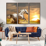 67478480-MGV-CV-36X24-White Horse Running at Sunset Wall Art – Majestic Equestrian Photography Print, Rustic Farmhouse Decor, Golden Sky Horse Lover