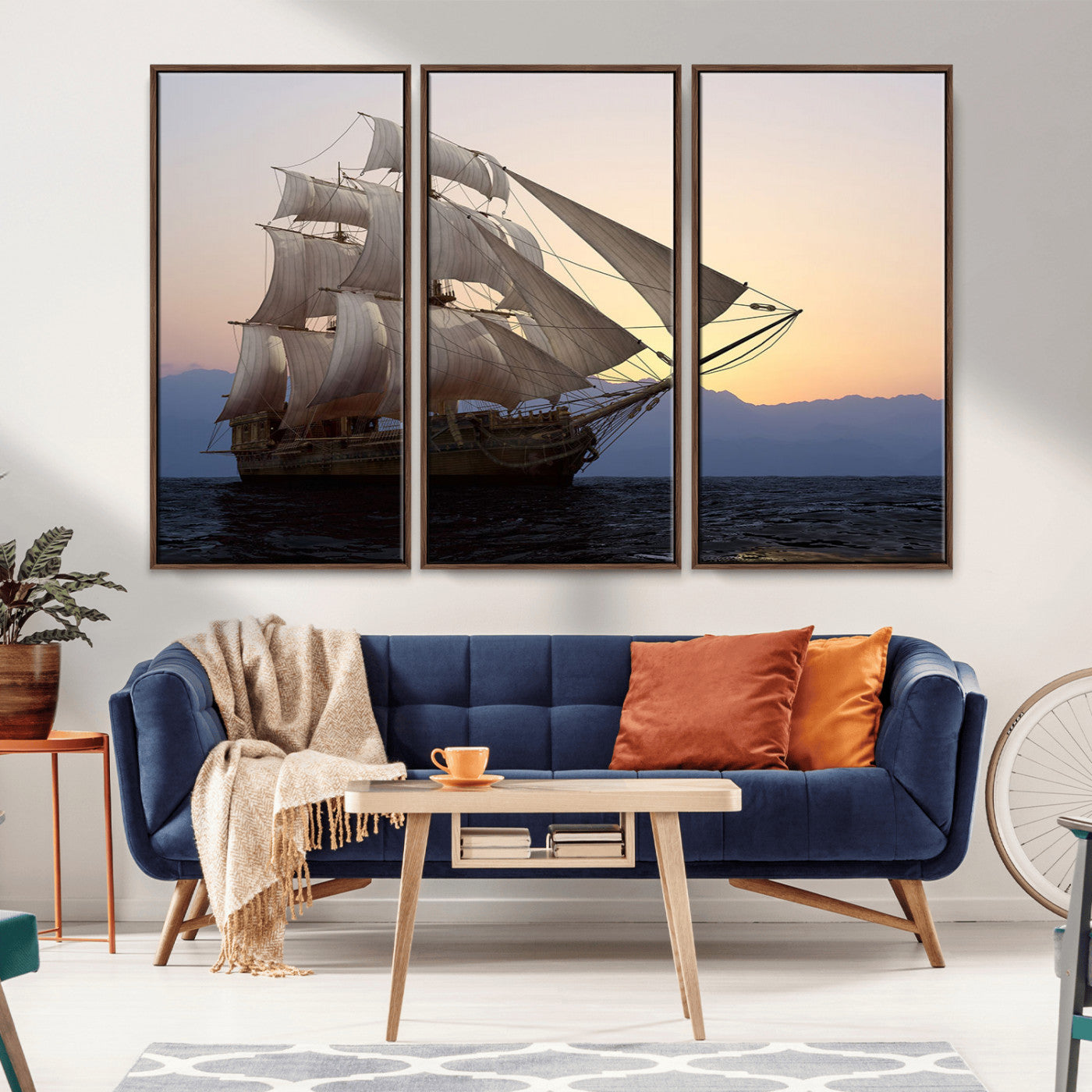 99957679-MGV-CV-36X24-Majestic Sailing Ship Wall Art – Sunset Ocean Voyage, Classic Tall Ship with Wind Filled Sails Canvas Print for Home, Office,