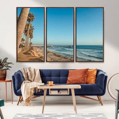 92568259-MGV-CV-36X24-California Beach Wall Art – Palm Tree Pier Canvas Print, Coastal Ocean Photography Seaside Decor for Living Room, Bedroom, Office,
