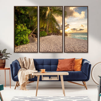 89531159-MGV-CV-36X24-Tropical Beach Sunset Canvas Wall Art – Palm Trees Golden Sand Ocean Waves Coastal Paradise Print for Beach House Bedroom Bathroom