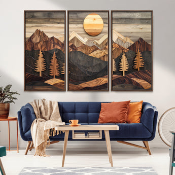 90044381-MGV-CV-36X24-Rustic Wall Art – Wooden Mountain Landscape with Sun and Pine Trees, Handcrafted Nature Canvas Style Decor for Bedroom, Living