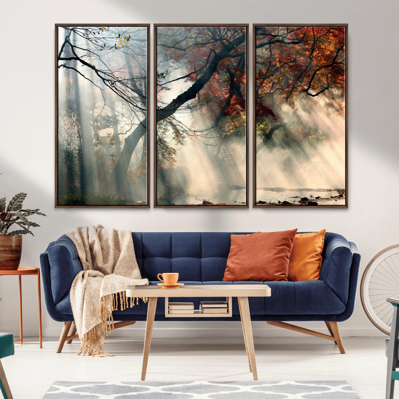 36043878-MGV-CV-36X24-Autumn Forest Wall Art – Sunlight Through Trees Canvas Print, Misty Woodland Fall Colors Photography Decor for Bedroom, Living