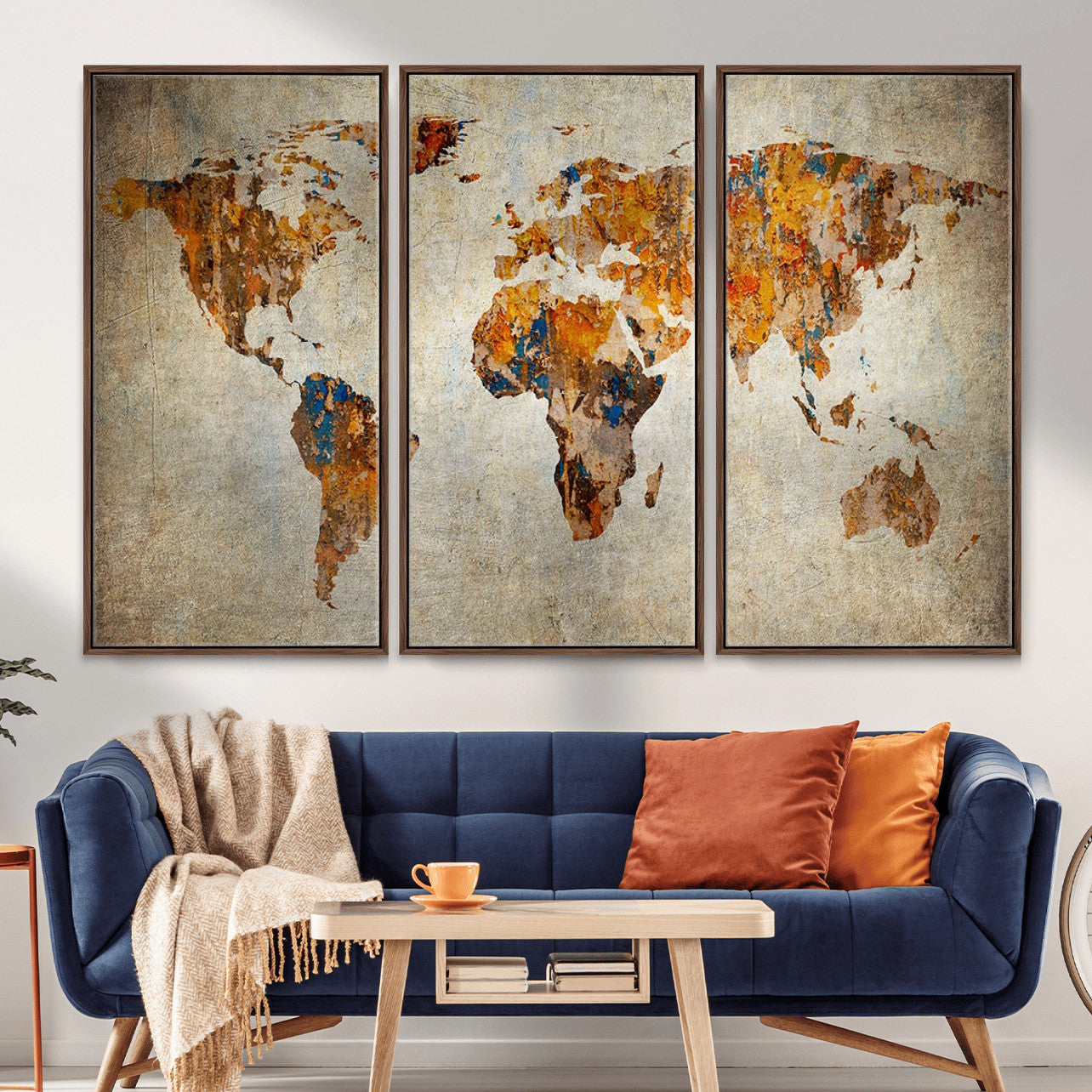 MGV-FC-48X32-3P - Rustic World Map Wall Art Canvas Print, Framed Orange World Map Art Picture Print, Antique Style Map Perfect Vintage Explorer Decor Artwork