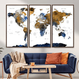 MGV-FC-48X32-3P - World Map Wall Art Canvas Print, Framed Blue Gold Map Art Picture Print, Rustic Atlas Perfect Rustic Modern Decor Artwork