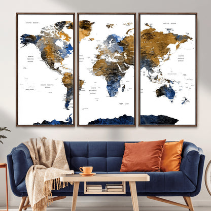 MGV-FC-48X32-3P - World Map Wall Art Canvas Print, Framed Blue Gold Map Art Picture Print, Rustic Atlas Perfect Rustic Modern Decor Artwork