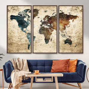 MGV-FC-48X32-3P - Rustic World Map Wall Art Canvas Print, Framed Vintage Map Art Picture Print, Grunge Atlas Perfect Moody Rustic Decor Artwork