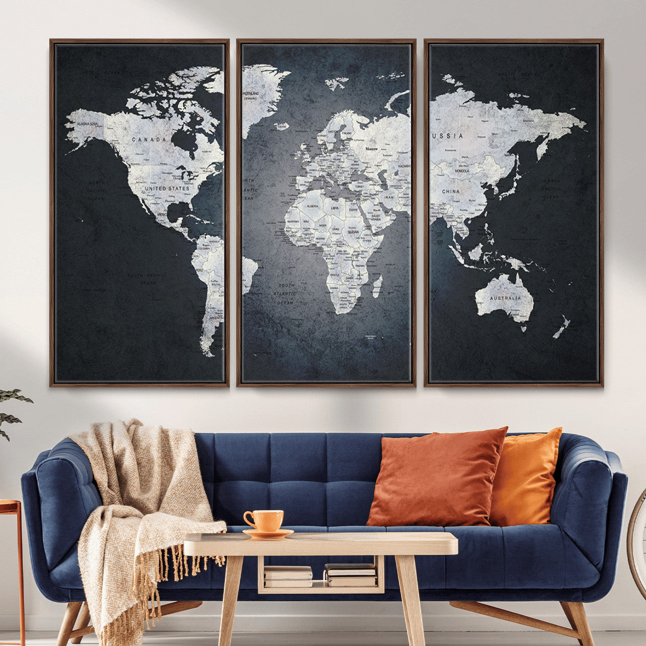 MGV-FC-48X32-3P - Monochrome World Map Wall Art Canvas Print, Framed Minimalist Map Art Picture Print, Modern Atlas Perfect Modern Minimalist Decor Artwork