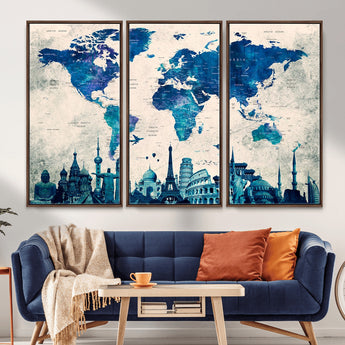 MGV-FC-48X32-3P - Blue World Map Wall Art Canvas Print, Framed Iconic Landmarks Art Picture Print, Blue Globe Map Perfect Elegant Explorer Decor Artwork