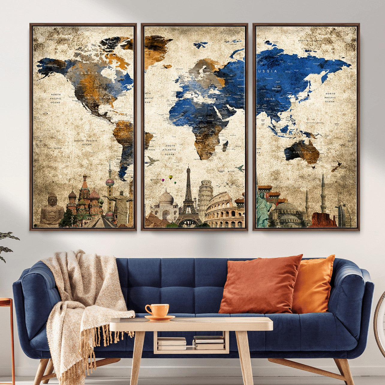 MGV-FC-48X32-3P - Vintage World Map Wall Art Canvas Print, Framed Cultural Map Art Picture Print, World Landmarks Perfect Cultural Vintage Decor Artwork