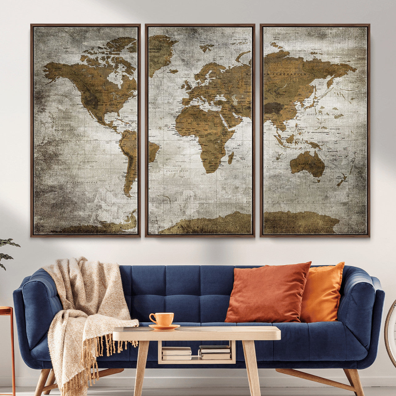 MGV-FC-48X32-3P - Rustic World Map Wall Art Canvas Print, Framed Vintage Atlas Art Picture Print, Aged Paper Map Perfect Vintage Explorer Decor Artwork