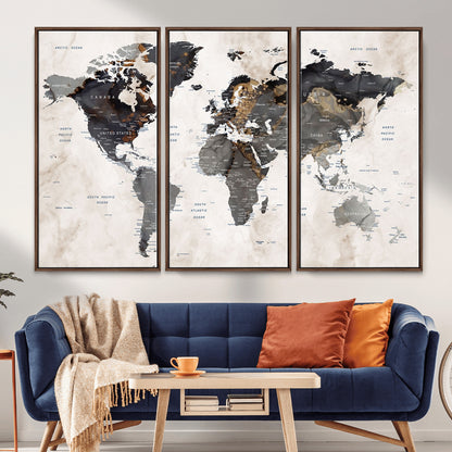 MGV-FC-48X32-3P - World Map Wall Art Canvas Print, Framed Rustic Map Art Picture Print, Antique Map Perfect Rustic Explorer Decor Artwork