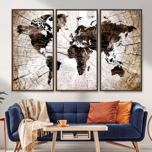 MGV-FC-48X32-3P - World Map Wall Art Canvas Print, Framed Rustic Map Art Picture Print, Antique Finished Map Perfect Vintage Explorer Decor Artwork