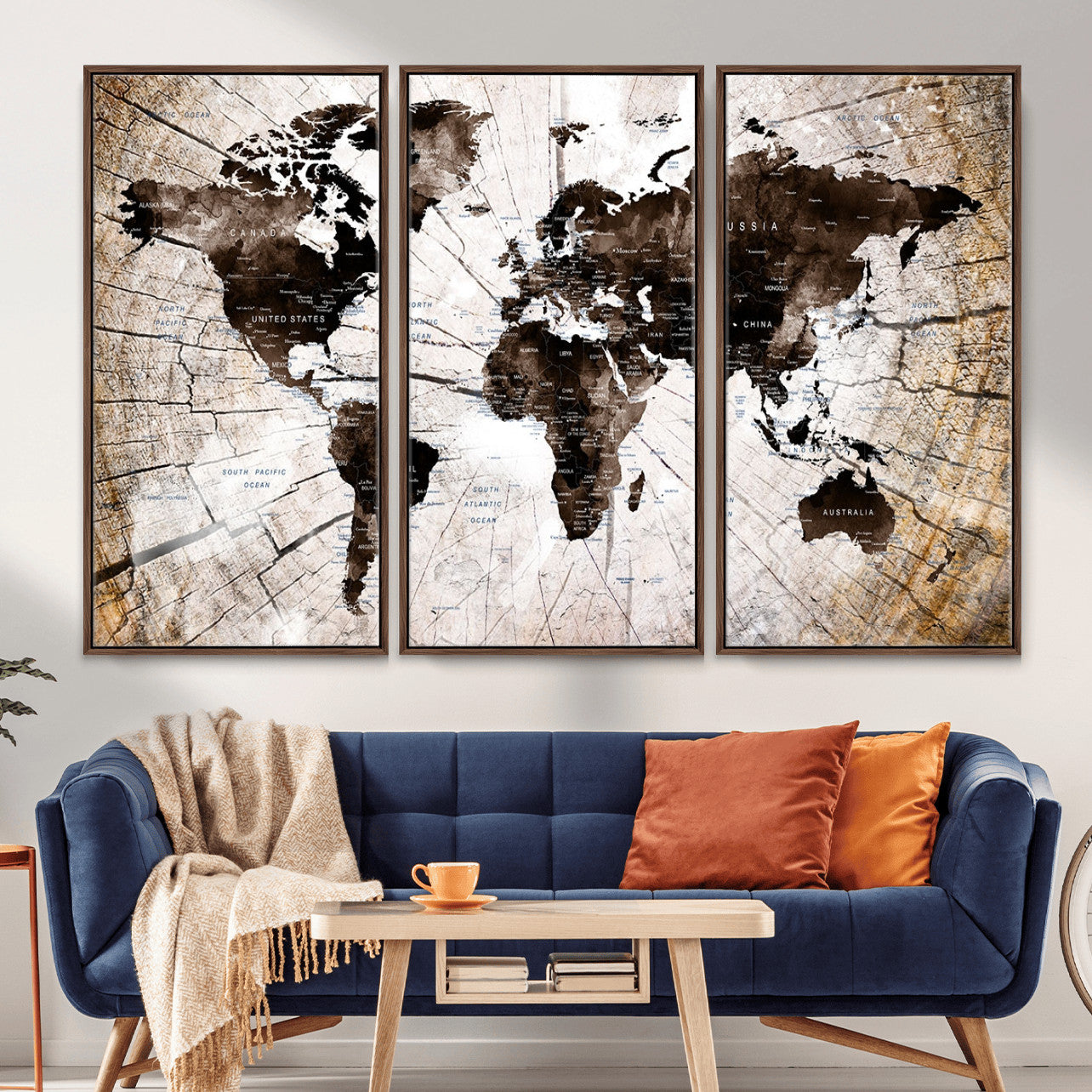 MGV-FC-48X32-3P - World Map Wall Art Canvas Print, Framed Rustic Map Art Picture Print, Antique Finished Map Perfect Vintage Explorer Decor Artwork