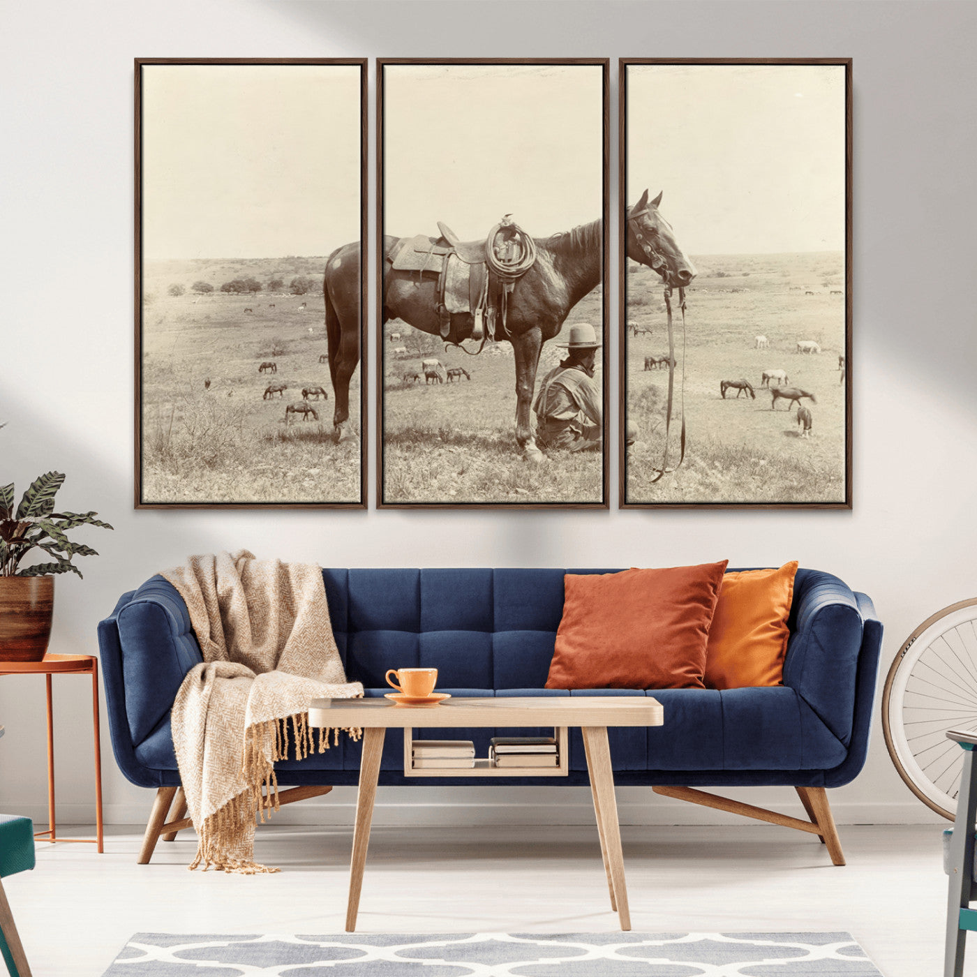 29704-MGV-CV-36X24-Vintage Cowboy Wall Art Canvas Print, Framed Grazing Horses Art Picture Print, Western Horses Perfect Rustic Western Decor Artwork