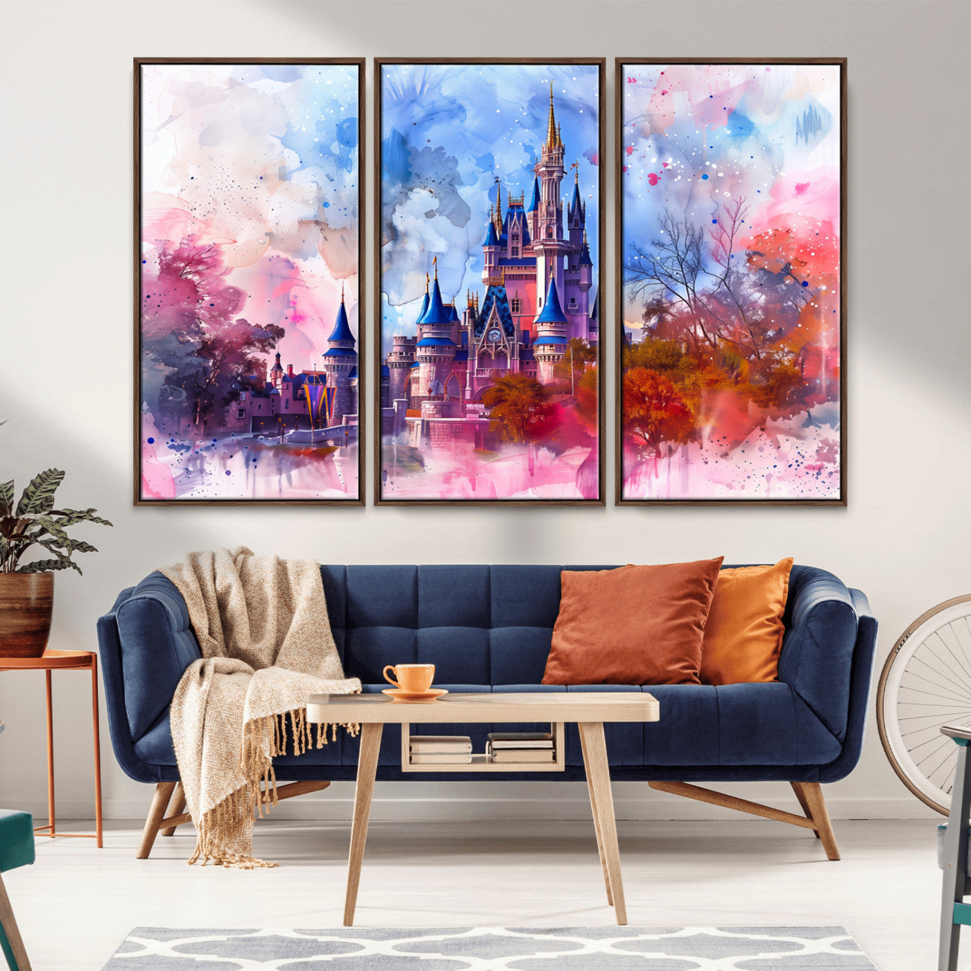 15129-MGV-FC-48X32-3P_Walnut-Disney Castle Wall Art Canvas Print, Framed Cinderella Palace Art Picture Print, Fantasy Kingdom Perfect Whimsical Fairytale Decor