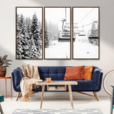 49274-MGV-FC-48X32-3P_Walnut-Snowy Forest Wall Art Canvas Print, Framed Ski Lift Art Picture Print, Mountain Snow Perfect Minimal Winter Lodge Decor Artwork