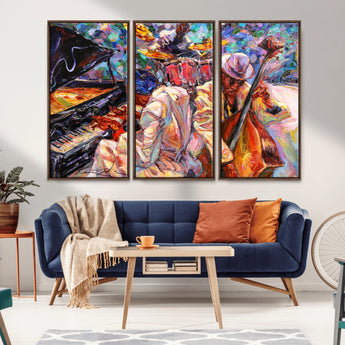 13675-MGV-FC-48X32-3P_Walnut-Jazz Band Wall Art Canvas Print, Framed Jazz Oil Painting Art Picture Print, Vibrant Music Perfect Abstract Musical Decor Artwork
